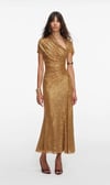 Gold Kristal Taşlı Drapeli Kısa Kollu Premium Midi Elbise