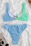 Gold Midye Detaylı Likralı Mavi&Yeşil Bikini Takım