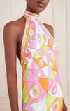 Halter Yaka Desenli Saten Premium Midi Elbise