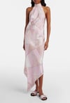 Halter Yaka Pembe Desenli Saten Premium Midi Elbise