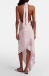 Halter Yaka Pembe Desenli Saten Premium Midi Elbise