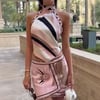 Halter Yaka Sırtı Açık Pembe Siyah Desenli Saten Top ve Mini Etek Takım