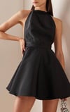 Halter Yaka Saten Siyah Tasarım Mini Elbise
