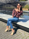 Kiremit Ekoseli Fırfırlı Bluz
