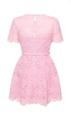 Kısa Kollu Kemerli Güpür Pembe Mini Elbise