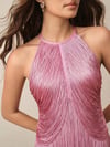 Kolsuz Püsküllü Maksi Pembe Tasarım Elbise
