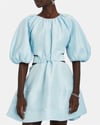 Mavi Balon Kollu Bel Detaylı Mini Tasarım Elbise