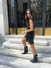 Siyah Vatkalı Kuşaklı Deri Elbise