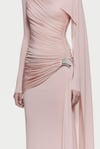 Tokalı Pelerin Detaylı Drape Pembe Tasarım Maksi Elbise