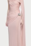 Tokalı Pelerin Detaylı Tek Kollu Drape Pembe Tasarım Maksi Elbise