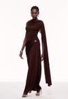 Tokalı Pelerin Detaylı Tek Kollu Drape Kahverengi Tasarım Maksi Elbise