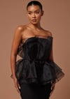 Tül Parçalı Peplum Detaylı Siyah Straplez Maksi Elbise