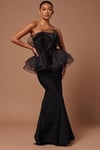 Tül Parçalı Peplum Detaylı Siyah Straplez Maksi Elbise