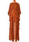 Long Sleeve Farbala Tile Chiffon Design Midi Dress