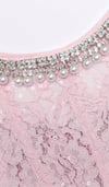 Yakası Kristal Taşlı Pembe Midi Dantel Tasarım Elbise