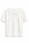 Boncuklu Dantel Yakalı T-shirt Ekru