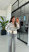 Çift Yön Fermuarlı Çizgili Triko Ekru