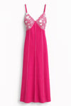 Göğsü Beyaz Güpürlü Elbise Pembe