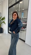 Kapişonlu Kol Nakışlı Kot Ceket Lacivert