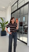 Saç Örgülü Yan Çizgili Triko Bluz Acı Kahve