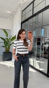 Saç Örgülü Yan Çizgili Triko Bluz Ekru