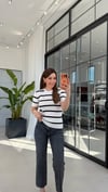 Saç Örgülü Yan Çizgili Triko Bluz Ekru