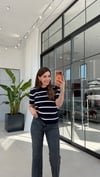 Saç Örgülü Yan Çizgili Triko Bluz Lacivert