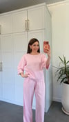 Yarım Kollu Rahat Keten Takım Pembe