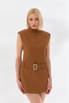 Kolsuz Kemerli Mini Elbise Camel-6406_53