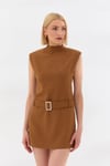 Kolsuz Kemerli Mini Elbise Camel-6406_53