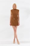 Kolsuz Kemerli Mini Elbise Camel-6406_53