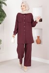 Aller Detaylı Düğmeli Tunik Pantolon Takım Bordo