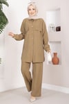 Aller Detaylı Düğmeli Tunik Pantolon Takım Camel