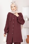 Aller Detaylı Düğmeli Tunik Pantolon Takım Bordo