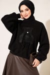 Ayıcık Nakışlı Üç İplik Swatshirt Siyah