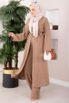 Bağcıklı Uzun Kimono Pantolon Takım Vizon