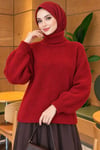 Balıkçı Yaka Oversize Triko Kazak Bordo