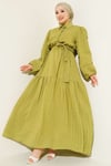 Bel Lastikli Balon Kol Gofre Elbise Yağ Yeşili