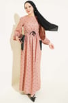 Bel Lastikli Yaprak Desenli Elbise Camel