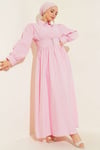 Bel Oturtmalı Yarım Gizli Düğmeli Elbise Pembe