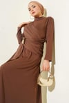 Bel Toka Detaylı Abiye Elbise Kahve