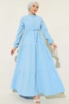 Bel Tünelli Düğmeli Ağaç Kabuğu Elbise Mavi