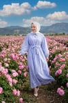 Beli Büzgülü Çizgili Tesettür Elbise İndigo