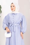 Beli Büzgülü Çizgili Tesettür Elbise İndigo