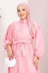 Beli Büzgülü Çizgili Tesettür Elbise Pembe