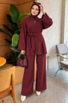 Beli Pensli Kuşaklı Basic İkili Takım Bordo