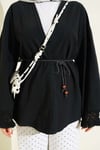 Bilek Püsküllü Keten Kimono Siyah