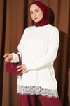 Bisiklet Yaka Etek Ucu Dantelli Tunik Ekru