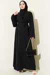 Boncuk İşlemeli Kuşaklı Abaya Siyah