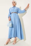 Boydan Düğmeli Kemerli Basic Elbise Buz Mavisi